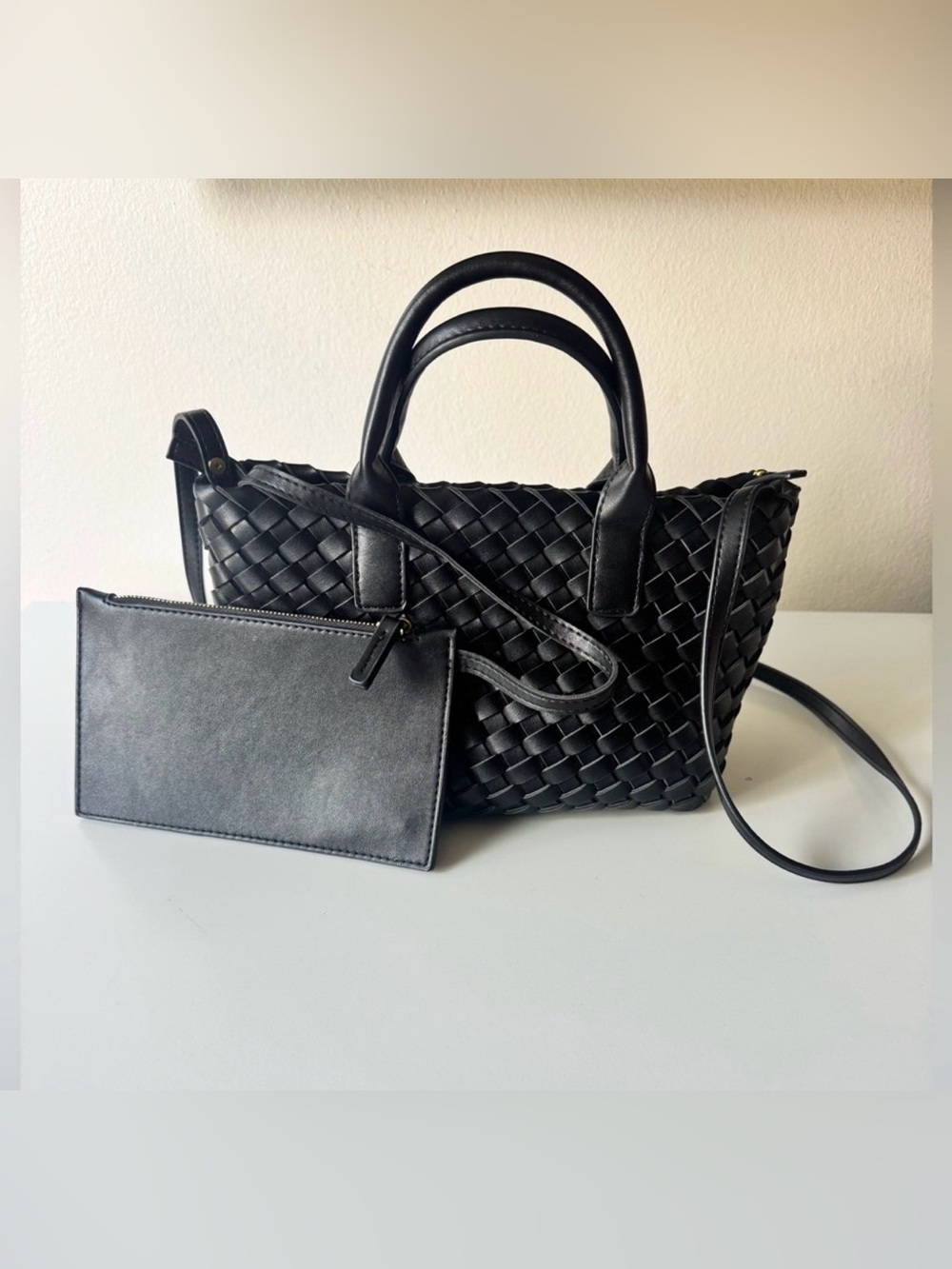 Black Woven Vegan Leather Tote with Detachable Pouch - Picture 15 of 15
